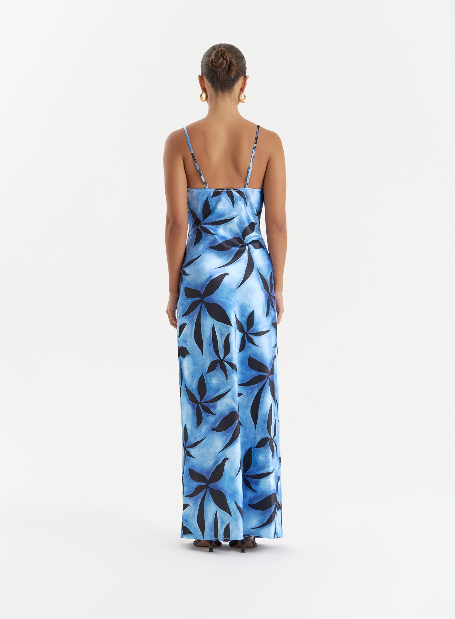 Blue Floral Print Satin Maxi Dress- Monique